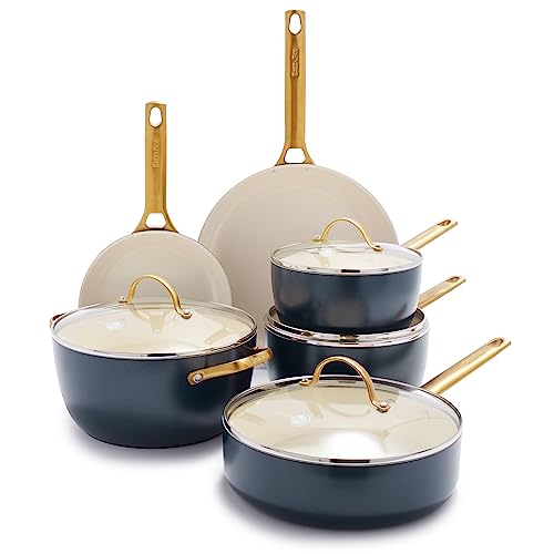 GreenPan Reserve Hard Anodized Healthy Ceramic Nonstick 10 Piece Cookware Pots and Pans Set, Gold Handle, PFAS-Free, Dishwasher Safe, Oven Safe, Twilight Blue