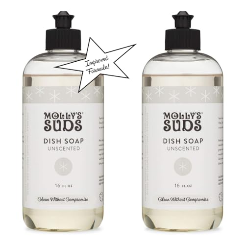 Molly's Suds Natural Liquid Dish Soap | Long-Lasting, Powerful Plant-Powered Ingedients | Unscented, Fragrance Free | 16 oz - 2 Pack