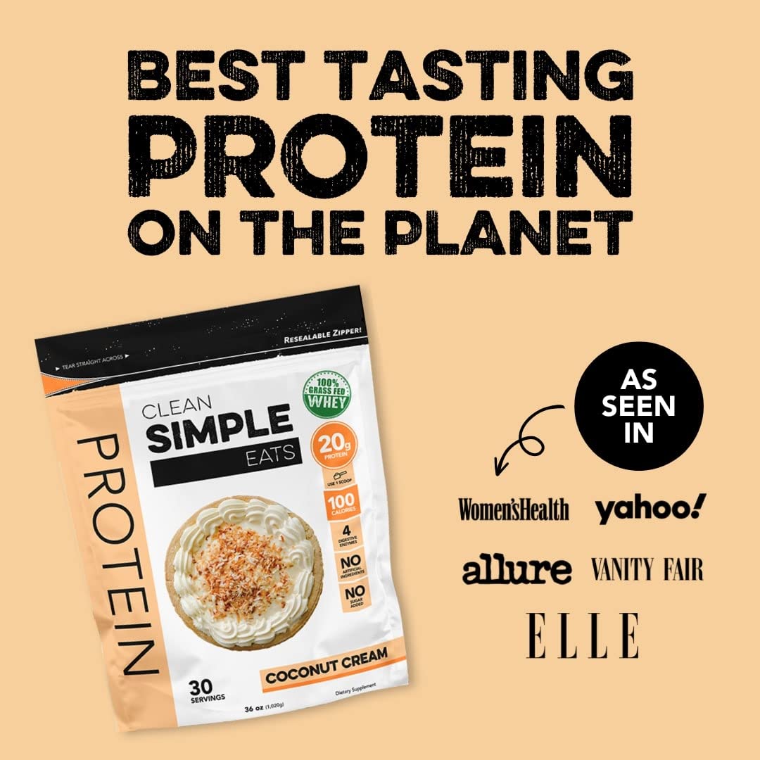 Clean Simple Eats Coconut Cream Whey Protein Powder, Natural Sweetened and Cold-Processed Whey Protein Powder, 20 Grams of Protein (30 Servings)