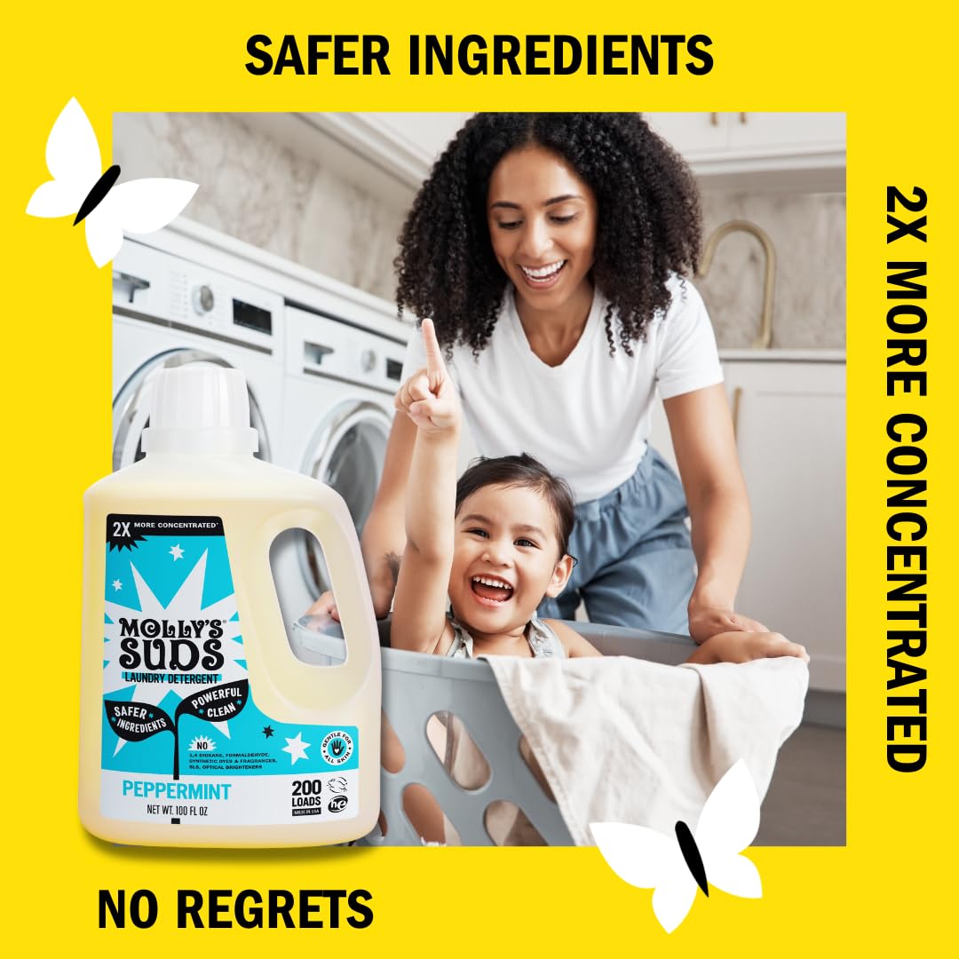 Molly's Suds Liquid Laundry Detergent | Natural Laundry Detergent Soap for Sensitive Skin | 2x Concentrated, High Efficiency (HE) | Peppermint - 100 Loads