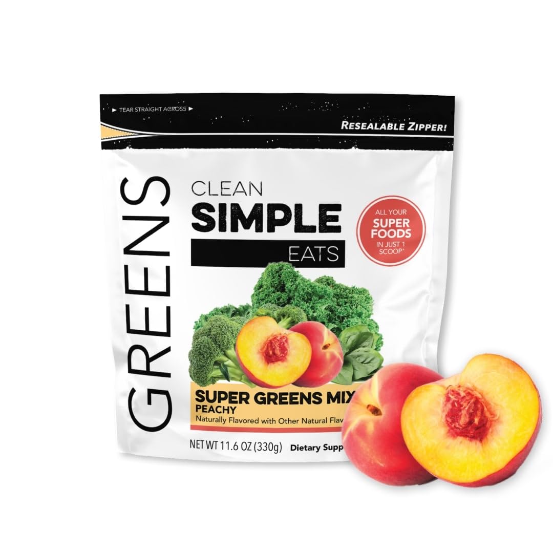 Clean Simple Eats Peachy Greens Juice & Smoothie Mix, Gluten Free, With Chlorella & Spirulina Superfoods (30 Servings)