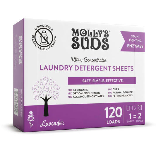 Molly’s Suds Laundry Detergent Sheets | Gentle on Sensitive Skin, Powerful Plant-Based Enzymes, Stain-Fighting | Liquidless & Plastic-Free Packaging | 120 Loads (Lavender)