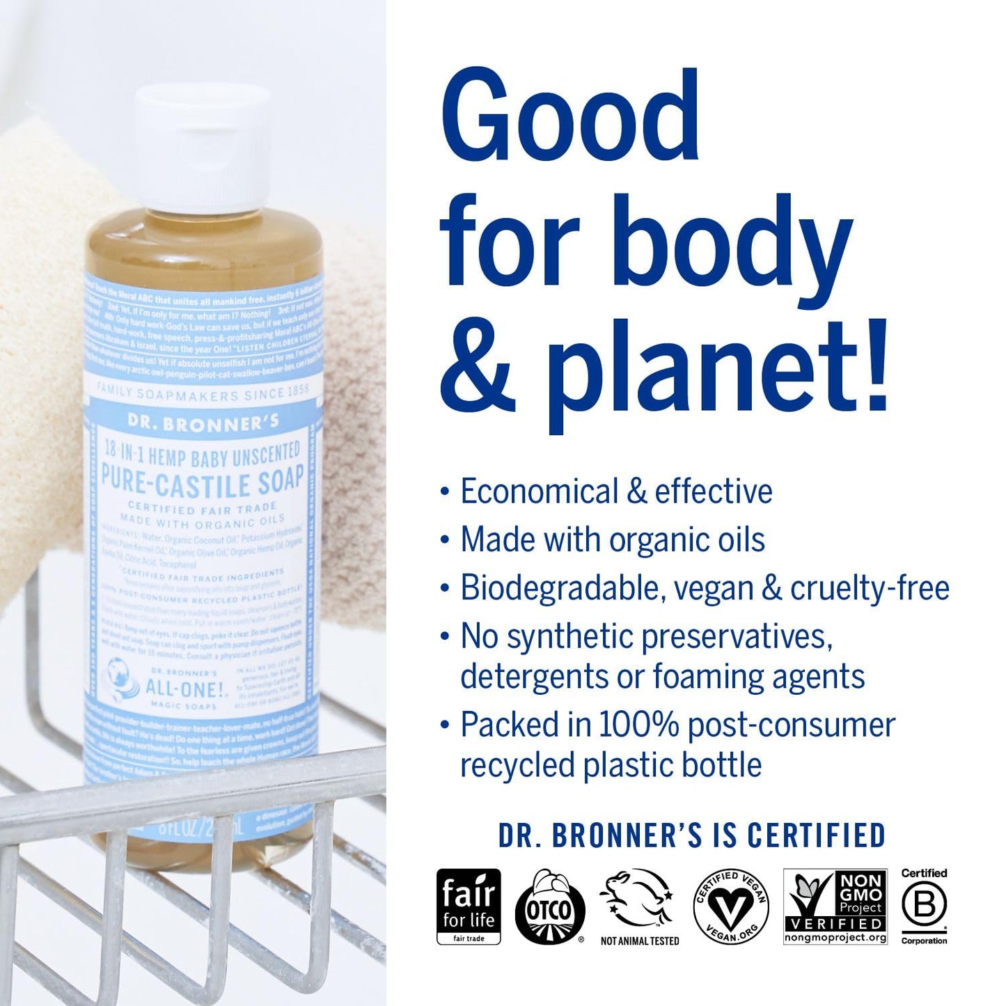 Dr. Bronner's - Pure-Castile Liquid Soap (Baby Unscented, 8 Ounce) - Made with Organic Oils, 18-in-1 Uses: Face, Hair, Laundry, Dishes, For Sensitive Skin, Babies, No Added Fragrance, Vegan, Non-GMO