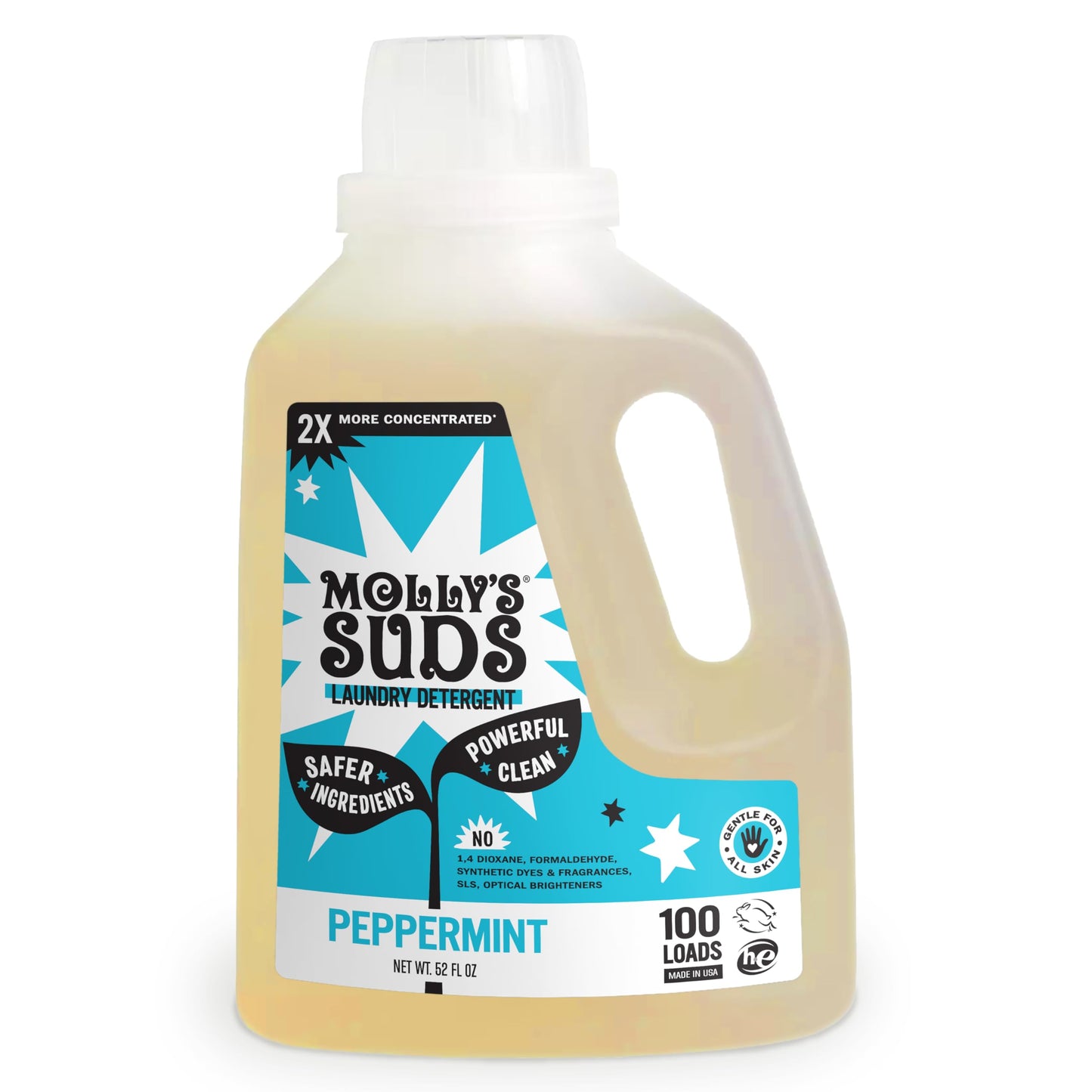 Molly's Suds Liquid Laundry Detergent | Natural Laundry Detergent Soap for Sensitive Skin | 2x Concentrated, High Efficiency (HE) | Peppermint - 100 Loads