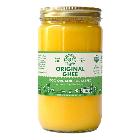 Pure Indian Foods Organic Grassfed Original Ghee, 28.8 oz, Clarified Butter, Pasture Raised, Non-GMO, Gluten Free, Made in USA, Paleo & Keto Friendly (32 fl oz / 1 quart)