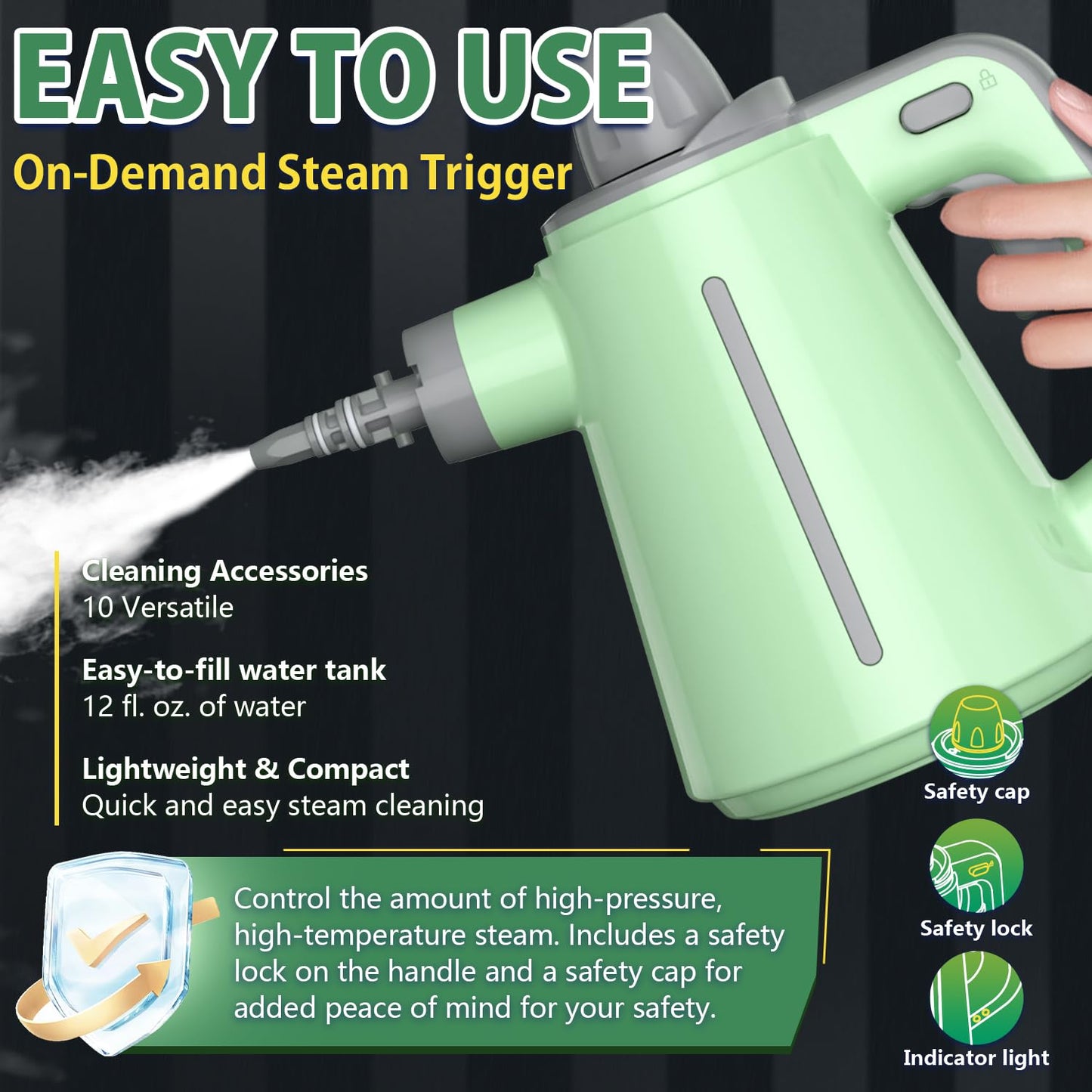 1300W Handheld Steam Cleaner, Pressurized Multi-Surface Steam Cleaner for Home Use with 10pcs Tools and Safety Lock to Remove Grime, Grease, Steamer for Cleaning Floor, Upholstery, Grout and Car