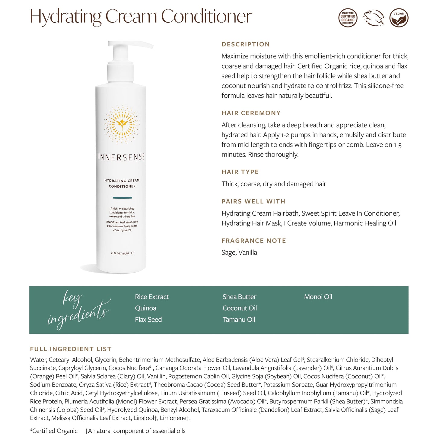 INNERSENSE Organic Beauty - Natural Hydrating Cream Conditioner | Non-Toxic, Cruelty-Free, Clean Haircare (10oz)